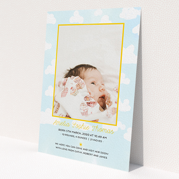 A birth announcement card design titled 'Blue Skies'. It is an A6 card in a portrait orientation. It is a photographic birth announcement card with room for 1 photo. 'Blue Skies' is available as a flat card, with tones of blue, yellow and white.
