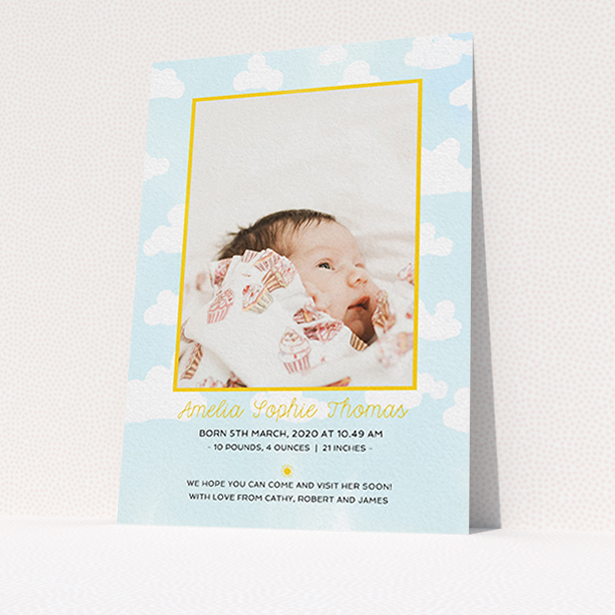 A birth announcement card design titled "Blue Skies". It is an A6 card in a portrait orientation. It is a photographic birth announcement card with room for 1 photo. "Blue Skies" is available as a flat card, with tones of blue, yellow and white.