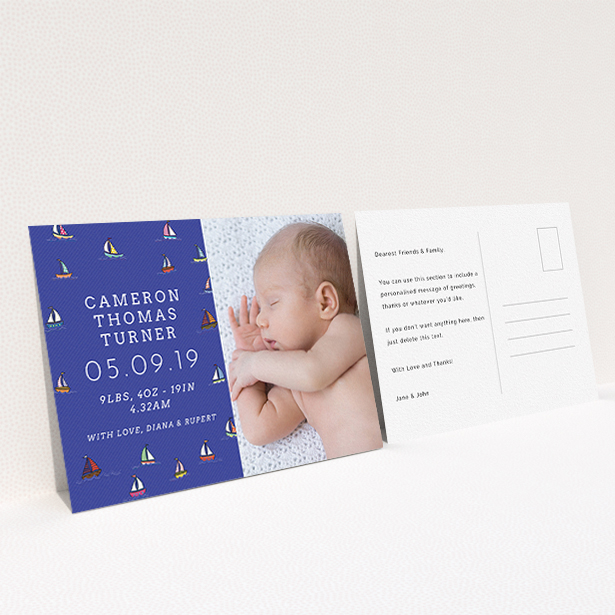 A birth announcement card template titled "Cowes Week". It is an A6 card in a landscape orientation. It is a photographic birth announcement card with room for 1 photo. "Cowes Week" is available as a flat card, with mainly blue colouring.