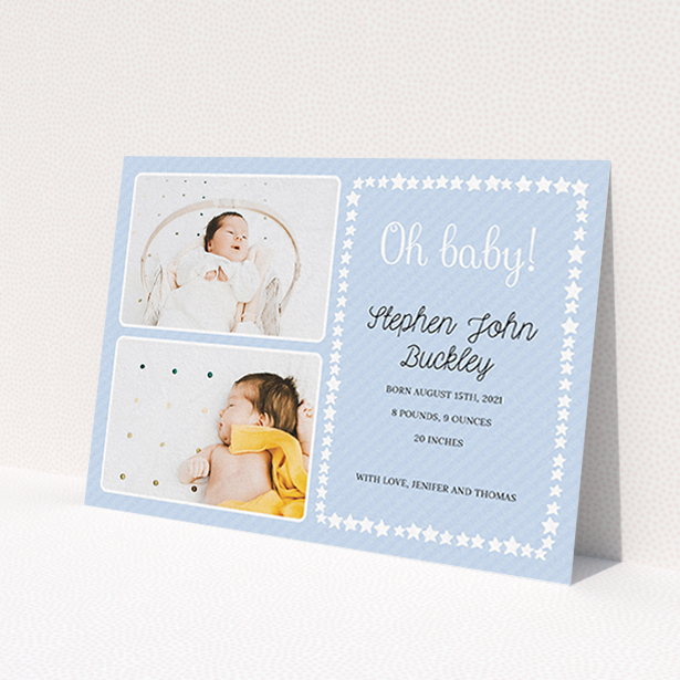 A birth announcement card template titled 'Oh Baby!'. It is an A6 card in a landscape orientation. It is a photographic birth announcement card with room for 2 photos. 'Oh Baby!' is available as a flat card, with tones of blue and white.
