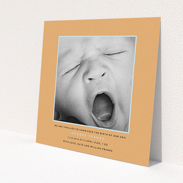 A birth announcement card design titled 'Orange and Mint'. It is a square (148mm x 148mm) card in a square orientation. It is a photographic birth announcement card with room for 1 photo. 'Orange and Mint' is available as a flat card, with tones of orange and blue.