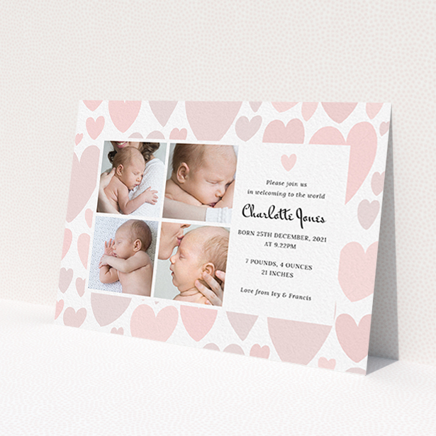 A birth announcement card design called 'Pastel Hearts'. It is an A6 card in a landscape orientation. It is a photographic birth announcement card with room for 4 photos. 'Pastel Hearts' is available as a flat card, with tones of pink and white.