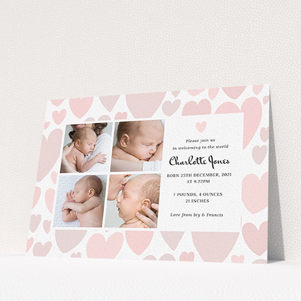 A birth announcement card design called "Pastel Hearts". It is an A6 card in a landscape orientation. It is a photographic birth announcement card with room for 4 photos. "Pastel Hearts" is available as a flat card, with tones of pink and white.