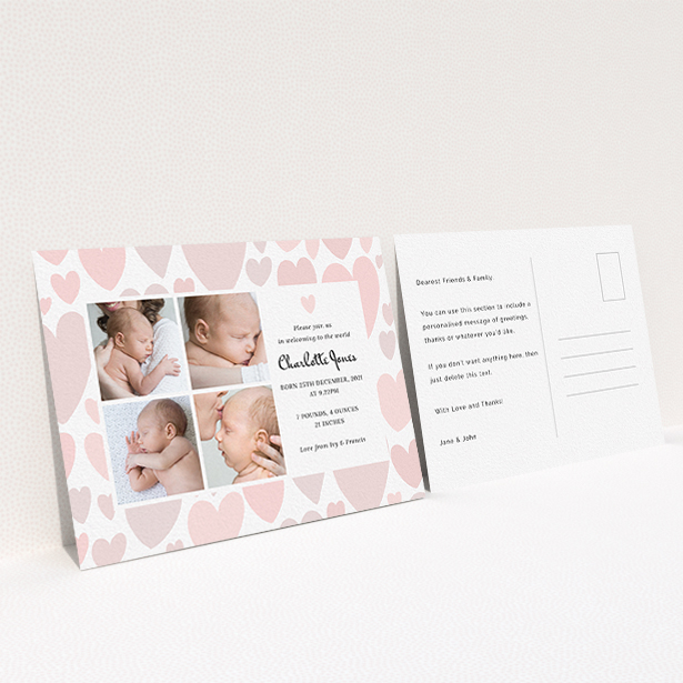 A birth announcement card design called "Pastel Hearts". It is an A6 card in a landscape orientation. It is a photographic birth announcement card with room for 4 photos. "Pastel Hearts" is available as a flat card, with tones of pink and white.