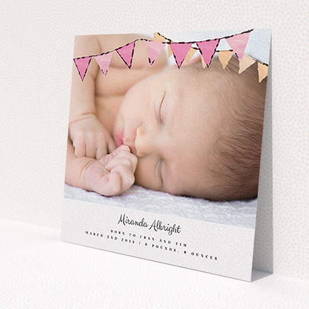 A birth announcement card template titled 'Pink Bunting'. It is a square (148mm x 148mm) card in a square orientation. It is a photographic birth announcement card with room for 1 photo. 'Pink Bunting' is available as a flat card, with tones of pink and white.