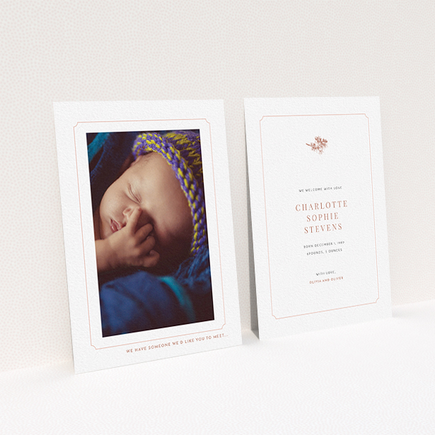 A birth announcement card design named "Pink notch Frame". It is an A6 card in a portrait orientation. It is a photographic birth announcement card with room for 1 photo. "Pink notch Frame" is available as a flat card, with tones of white and pink.