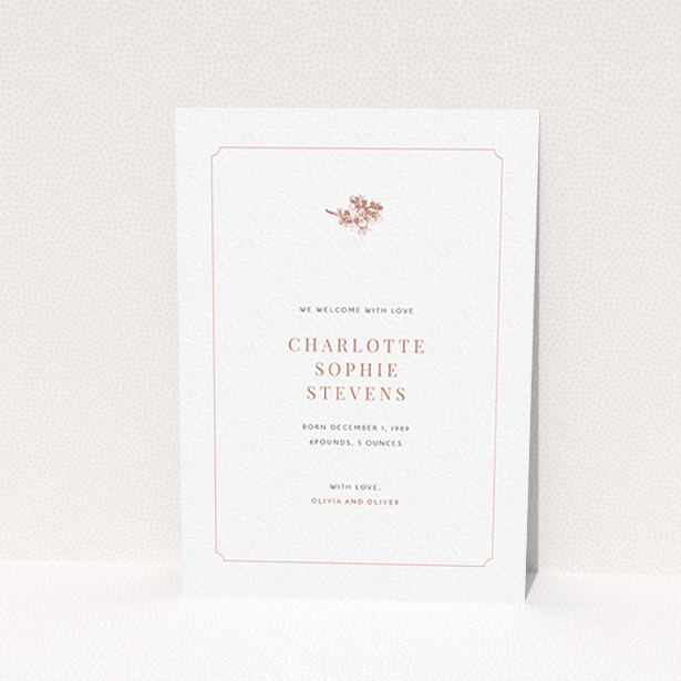A birth announcement card design named "Pink notch Frame". It is an A6 card in a portrait orientation. It is a photographic birth announcement card with room for 1 photo. "Pink notch Frame" is available as a flat card, with tones of white and pink.