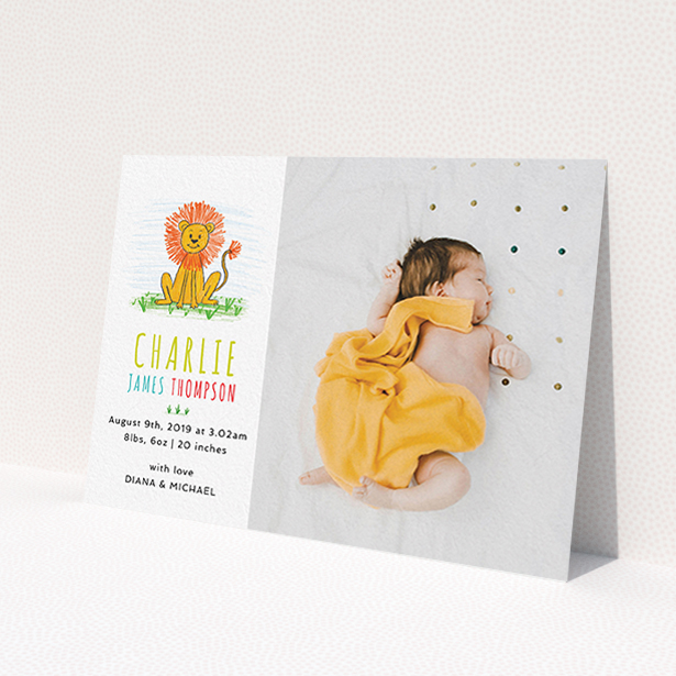 A birth announcement card design titled 'Playroom Lion'. It is an A6 card in a landscape orientation. It is a photographic birth announcement card with room for 1 photo. 'Playroom Lion' is available as a flat card, with tones of white and green.