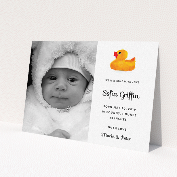 A birth announcement card named 'Rubber Ducky'. It is an A5 card in a landscape orientation. It is a photographic birth announcement card with room for 1 photo. 'Rubber Ducky' is available as a flat card, with tones of orange and white.