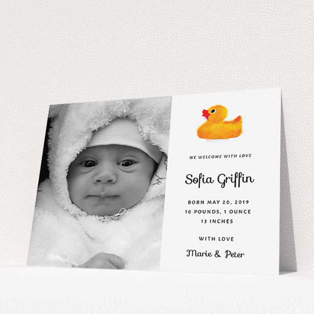 A birth announcement card named "Rubber Ducky". It is an A5 card in a landscape orientation. It is a photographic birth announcement card with room for 1 photo. "Rubber Ducky" is available as a flat card, with tones of orange and white.