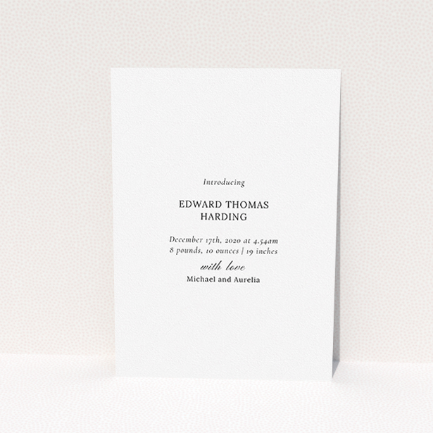 A birth announcement card called "Tussled Wreath". It is an A5 card in a portrait orientation. It is a photographic birth announcement card with room for 1 photo. "Tussled Wreath" is available as a flat card, with tones of blue and white.