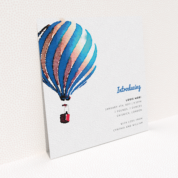 A birth announcement card template titled "Up-and-away blue". It is a square (148mm x 148mm) card in a square orientation. "Up-and-away blue" is available as a flat card, with tones of blue and white.