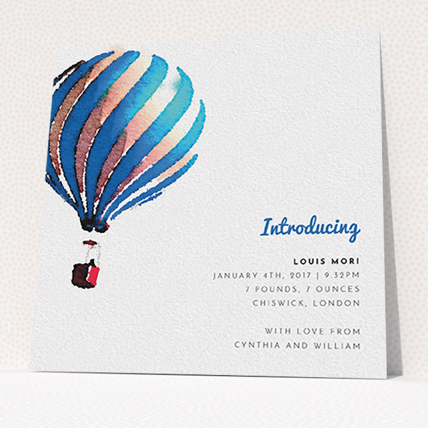 A birth announcement card template titled "Up-and-away blue". It is a square (148mm x 148mm) card in a square orientation. "Up-and-away blue" is available as a flat card, with tones of blue and white.