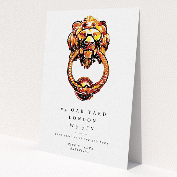 A change of address card design called 'Brass Knocker'. It is an A5 card in a portrait orientation. 'Brass Knocker' is available as a flat card, with tones of gold and white.
