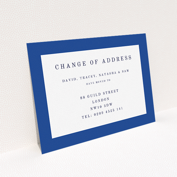 A change of address card template titled "Broader Border Impact". It is an A5 card in a landscape orientation. "Broader Border Impact" is available as a flat card, with tones of blue and white.