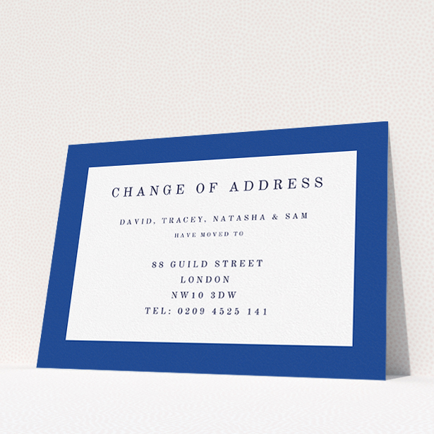 A change of address card template titled "Broader Border Impact". It is an A5 card in a landscape orientation. "Broader Border Impact" is available as a flat card, with tones of blue and white.