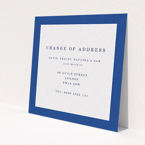 A change of address card design called 'Broader Border Impact'. It is a square (148mm x 148mm) card in a square orientation. 'Broader Border Impact' is available as a flat card, with tones of blue and white.