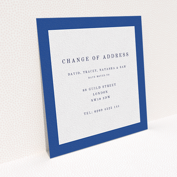A change of address card design called "Broader Border Impact". It is a square (148mm x 148mm) card in a square orientation. "Broader Border Impact" is available as a flat card, with tones of blue and white.