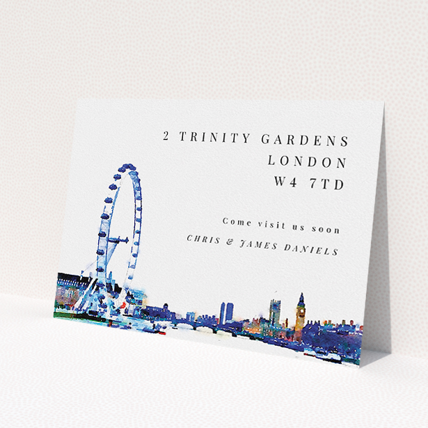 A change of address card design titled 'Cast and Eye'. It is an A5 card in a landscape orientation. 'Cast and Eye' is available as a flat card, with mainly blue colouring.