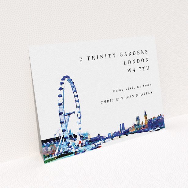 A change of address card design titled "Cast and Eye". It is an A5 card in a landscape orientation. "Cast and Eye" is available as a flat card, with mainly blue colouring.