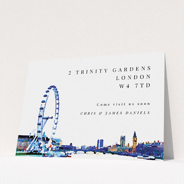 A change of address card design titled "Cast and Eye". It is an A5 card in a landscape orientation. "Cast and Eye" is available as a flat card, with mainly blue colouring.
