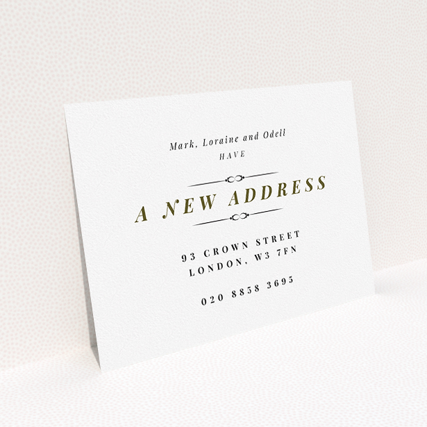 A change of address card called "Classical". It is an A5 card in a landscape orientation. "Classical" is available as a flat card, with tones of white and gold.