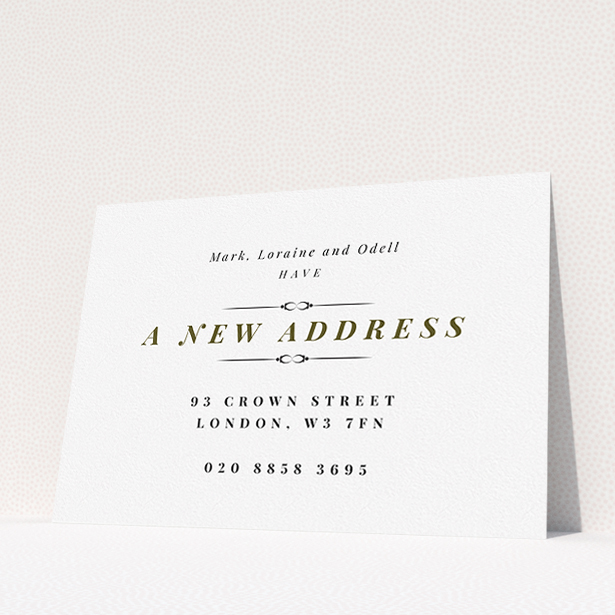 A change of address card called "Classical". It is an A5 card in a landscape orientation. "Classical" is available as a flat card, with tones of white and gold.