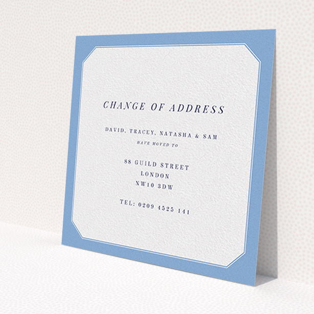 A change of address card called 'My Front Door'. It is a square (148mm x 148mm) card in a square orientation. 'My Front Door' is available as a flat card, with tones of blue and white.