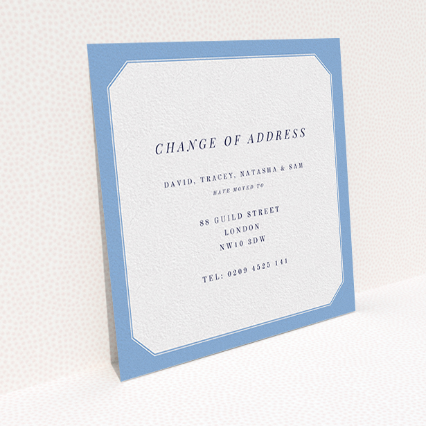 A change of address card called "My Front Door". It is a square (148mm x 148mm) card in a square orientation. "My Front Door" is available as a flat card, with tones of blue and white.