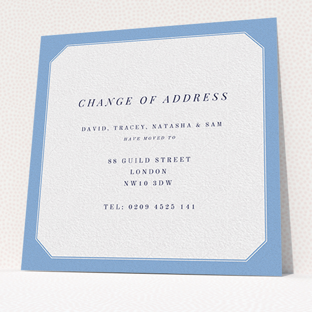 A change of address card called "My Front Door". It is a square (148mm x 148mm) card in a square orientation. "My Front Door" is available as a flat card, with tones of blue and white.
