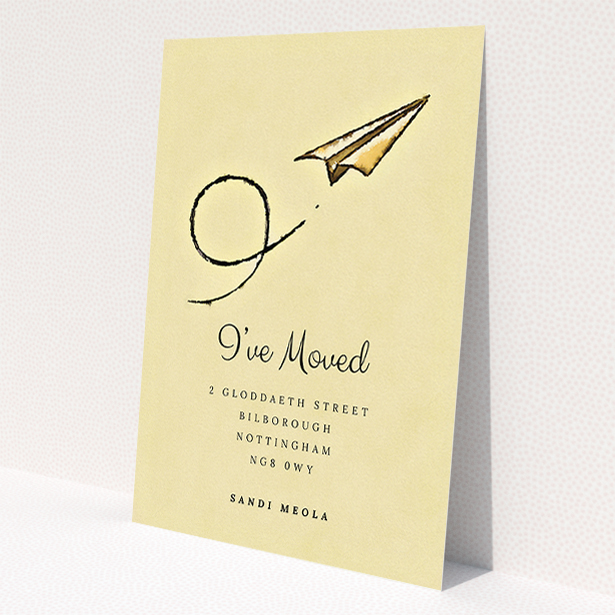 A change of address card template titled 'Off & Away'. It is an A5 card in a portrait orientation. 'Off & Away' is available as a flat card, with mainly dark cream colouring.