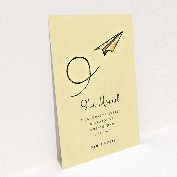 A change of address card template titled "Off & Away". It is an A5 card in a portrait orientation. "Off & Away" is available as a flat card, with mainly dark cream colouring.