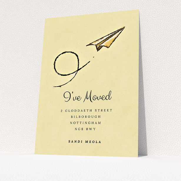 A change of address card template titled "Off & Away". It is an A5 card in a portrait orientation. "Off & Away" is available as a flat card, with mainly dark cream colouring.