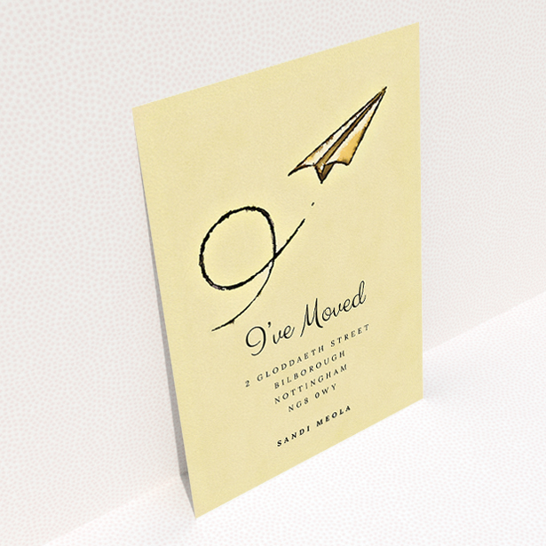 A change of address card template titled "Off & Away". It is an A5 card in a portrait orientation. "Off & Away" is available as a flat card, with mainly dark cream colouring.