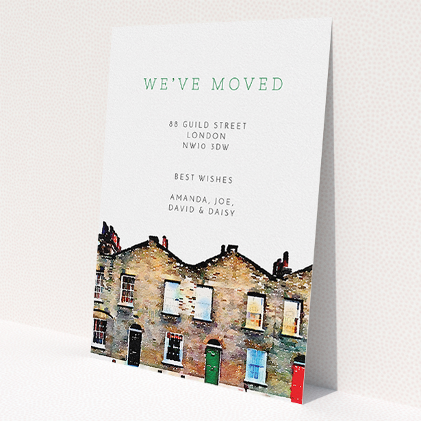 A change of address card design called 'On the street where I live'. It is an A5 card in a portrait orientation. 'On the street where I live' is available as a flat card, with tones of white and green.