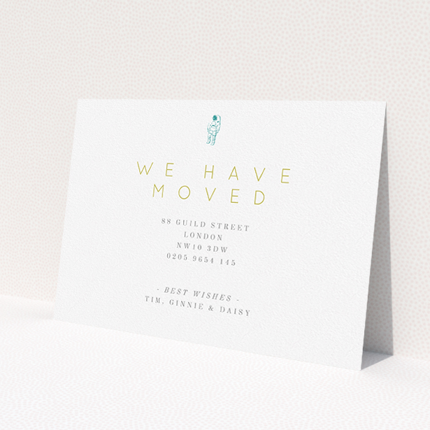 A change of address card named 'One Small Step'. It is an A5 card in a landscape orientation. 'One Small Step' is available as a flat card, with tones of white and green.