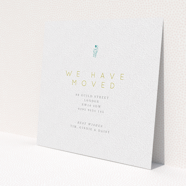 A change of address card design called 'One Small Step'. It is a square (148mm x 148mm) card in a square orientation. 'One Small Step' is available as a flat card, with tones of white and green.