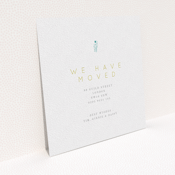 A change of address card design called "One Small Step". It is a square (148mm x 148mm) card in a square orientation. "One Small Step" is available as a flat card, with tones of white and green.