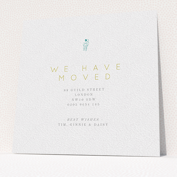 A change of address card design called "One Small Step". It is a square (148mm x 148mm) card in a square orientation. "One Small Step" is available as a flat card, with tones of white and green.