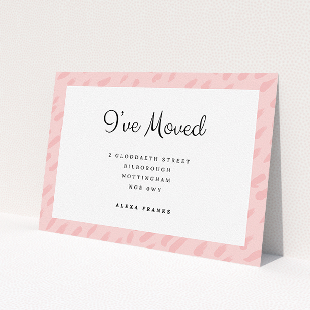 A change of address card design titled 'Pink Drops'. It is an A5 card in a landscape orientation. 'Pink Drops' is available as a flat card, with tones of pink and white.