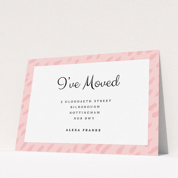 A change of address card design titled "Pink Drops". It is an A5 card in a landscape orientation. "Pink Drops" is available as a flat card, with tones of pink and white.