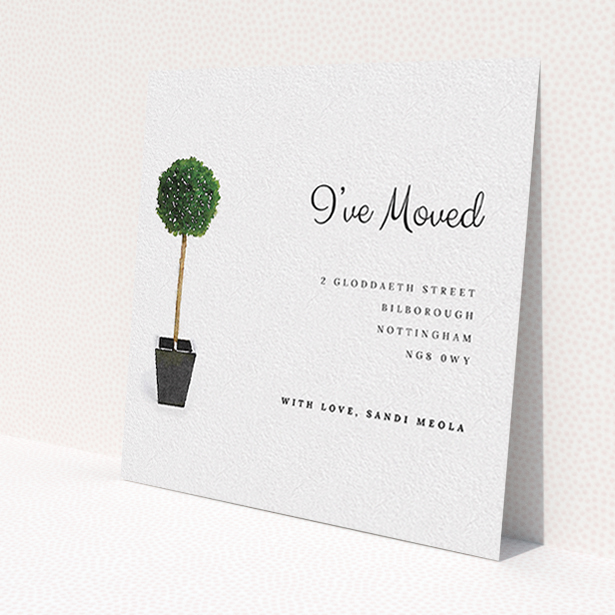 A change of address card template titled "Plant your feet". It is a square (148mm x 148mm) card in a square orientation. "Plant your feet" is available as a flat card, with tones of green and white.