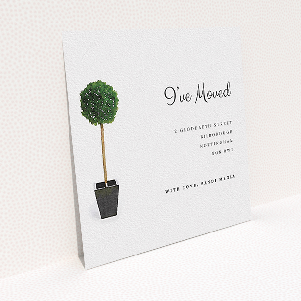 A change of address card template titled "Plant your feet". It is a square (148mm x 148mm) card in a square orientation. "Plant your feet" is available as a flat card, with tones of green and white.