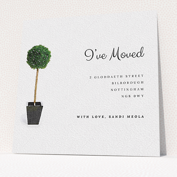 A change of address card template titled "Plant your feet". It is a square (148mm x 148mm) card in a square orientation. "Plant your feet" is available as a flat card, with tones of green and white.