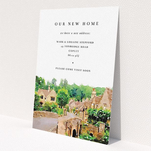 A change of address card design named 'Rolling Village'. It is an A5 card in a portrait orientation. 'Rolling Village' is available as a flat card, with tones of white, brown and green.