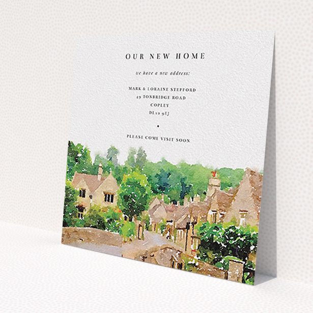 A change of address card design titled 'Rolling Village'. It is a square (148mm x 148mm) card in a square orientation. 'Rolling Village' is available as a flat card, with tones of white, brown and green.