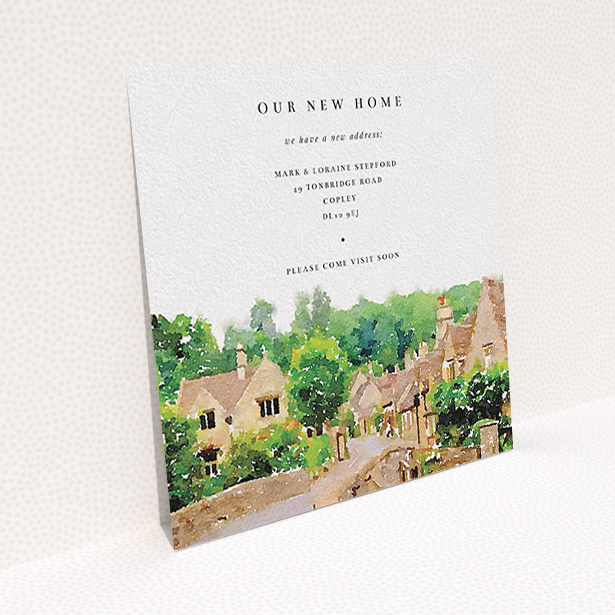 A change of address card design titled "Rolling Village". It is a square (148mm x 148mm) card in a square orientation. "Rolling Village" is available as a flat card, with tones of white, brown and green.