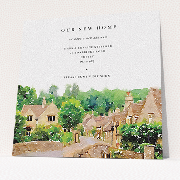 A change of address card design titled "Rolling Village". It is a square (148mm x 148mm) card in a square orientation. "Rolling Village" is available as a flat card, with tones of white, brown and green.
