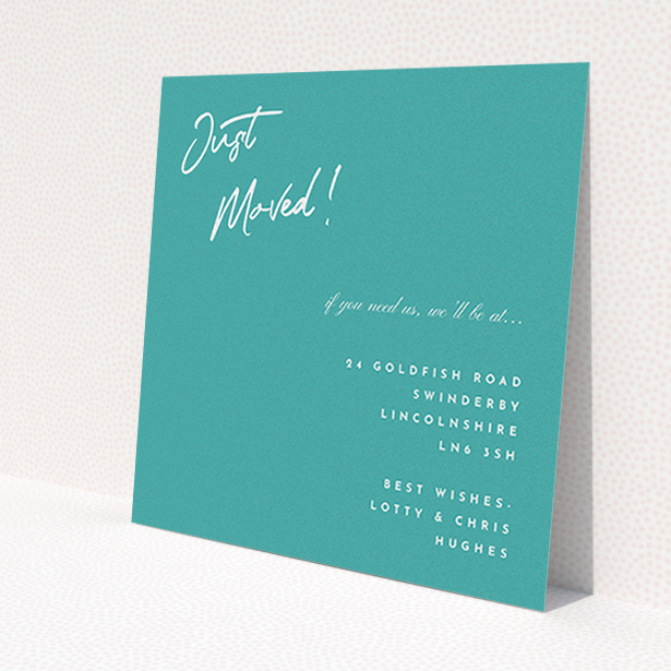 A change of address card called 'Simple Blue'. It is a square (148mm x 148mm) card in a square orientation. 'Simple Blue' is available as a flat card, with tones of green and white.