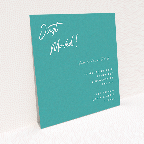 A change of address card called "Simple Blue". It is a square (148mm x 148mm) card in a square orientation. "Simple Blue" is available as a flat card, with tones of green and white.